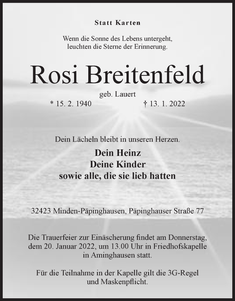  Traueranzeige für Rosi Breitenfeld vom 15.01.2022 aus Mindener Tageblatt