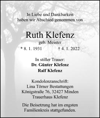 Anzeige von Ruth Klefenz von Mindener Tageblatt