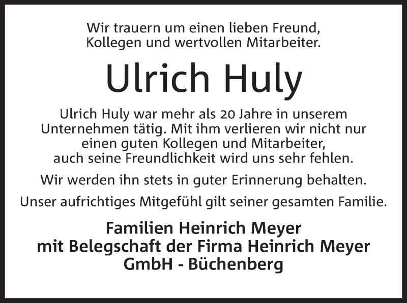  Traueranzeige für Ulrich Huly vom 12.01.2022 aus Mindener Tageblatt