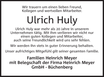 Anzeige von Ulrich Huly von Mindener Tageblatt