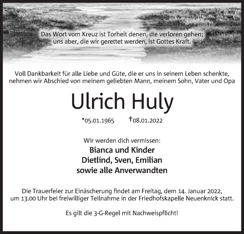  Traueranzeige für Ulrich Huly vom 11.01.2022 aus Mindener Tageblatt