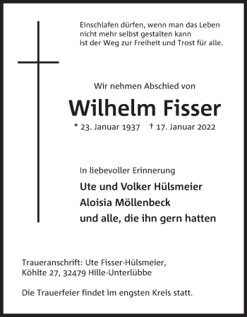 Anzeige von Wilhelm Fisser von Mindener Tageblatt