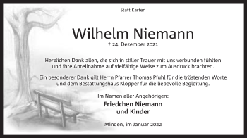 Anzeige von Wilhelm Niemann von Mindener Tageblatt
