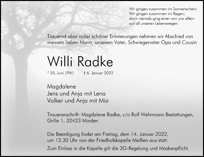  Traueranzeige für Willi Radke vom 08.01.2022 aus Mindener Tageblatt