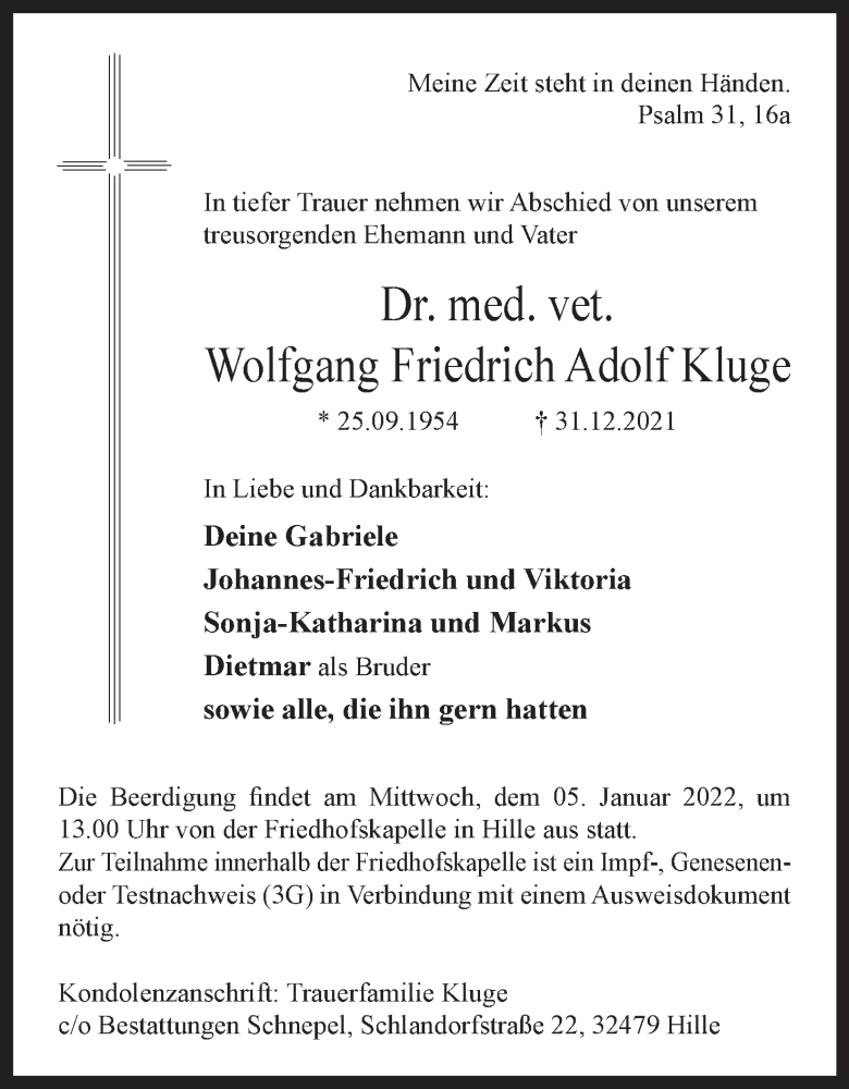  Traueranzeige für Wolfgang Friedrich Adolf Kluge vom 04.01.2022 aus Mindener Tageblatt