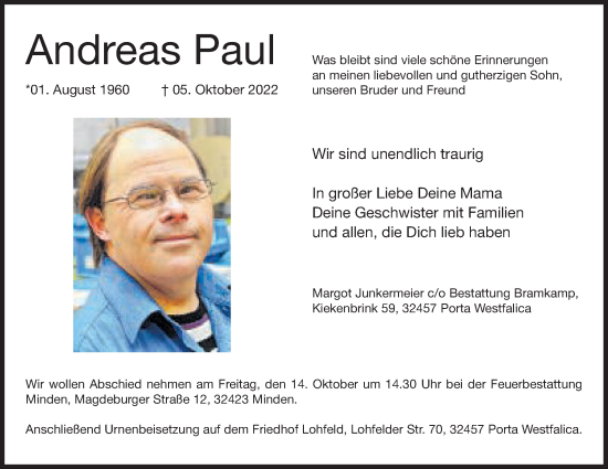 Anzeige von Andreas Paul von Mindener Tageblatt