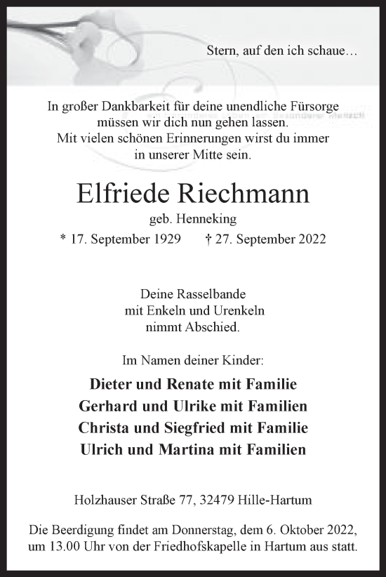 Anzeige von Elfriede Riechmann von Mindener Tageblatt