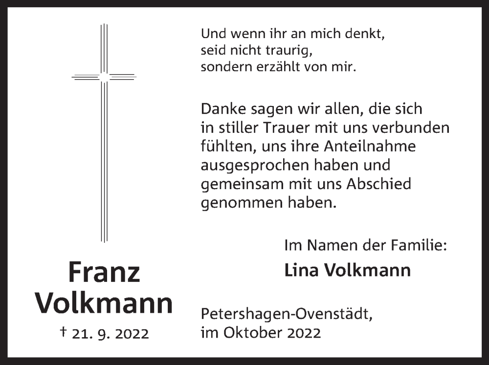  Traueranzeige für Franz Volkmann vom 22.10.2022 aus Mindener Tageblatt