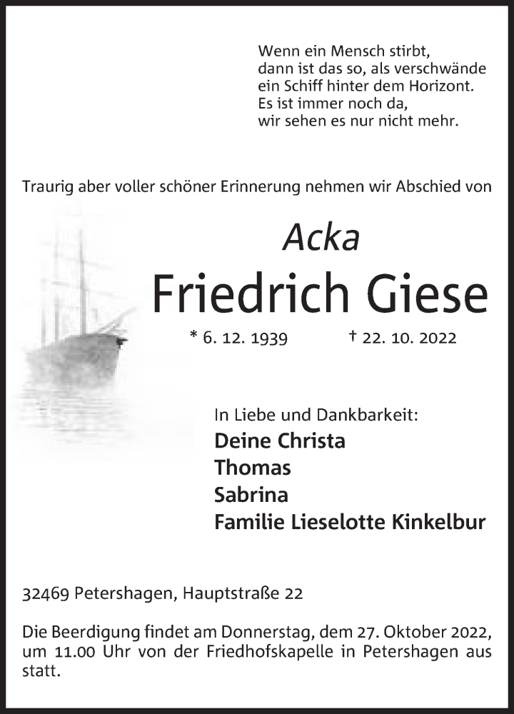  Traueranzeige für Friedrich Giese vom 25.10.2022 aus Mindener Tageblatt