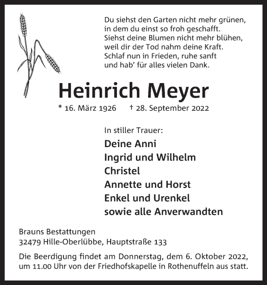 Anzeige von Heinrich Meyer von Mindener Tageblatt