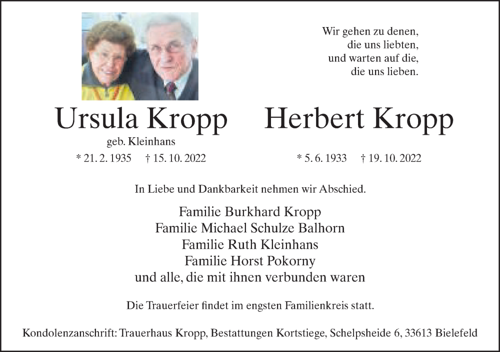  Traueranzeige für Herbert Kropp vom 22.10.2022 aus Mindener Tageblatt