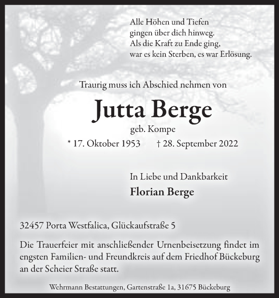 Anzeige von Jutta Berge von Mindener Tageblatt