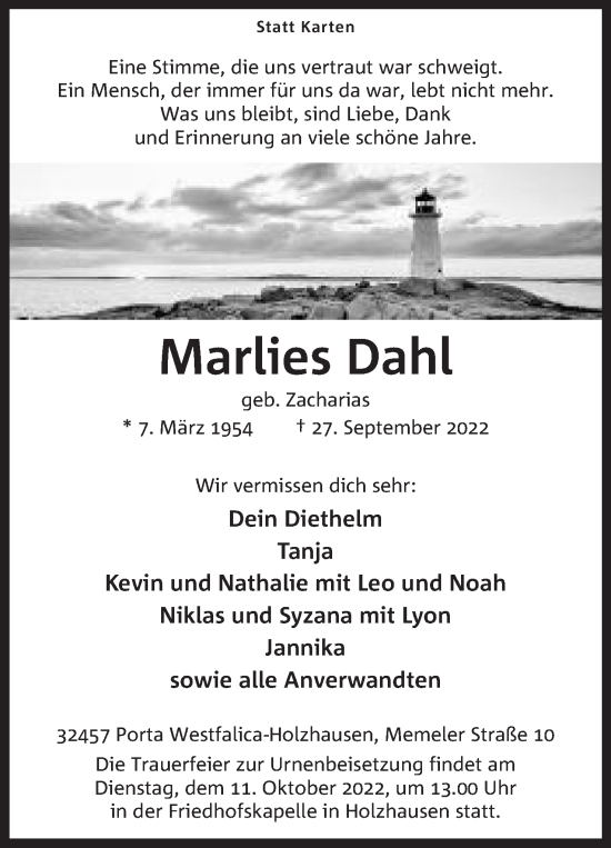 Anzeige von Marlies Dahl von Mindener Tageblatt