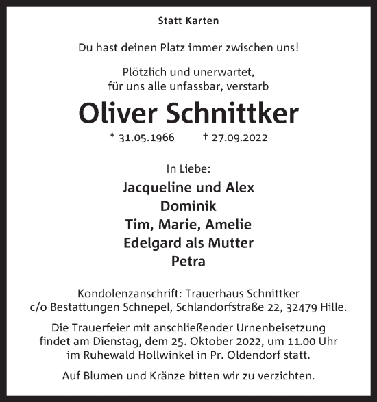 Anzeige von Oliver Schnittker von Mindener Tageblatt