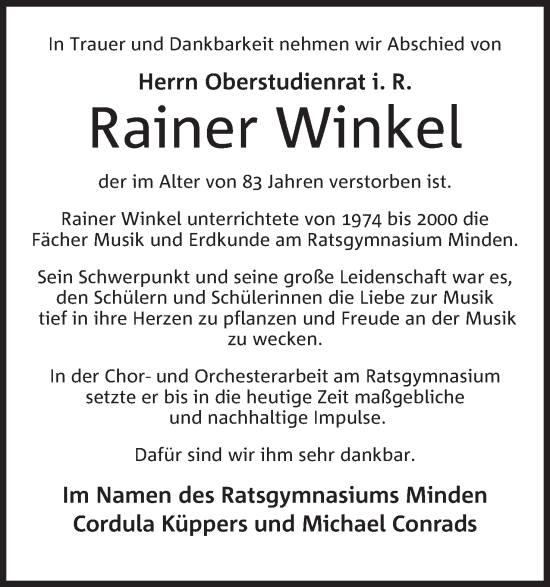 Anzeige von Rainer Winkel von Mindener Tageblatt