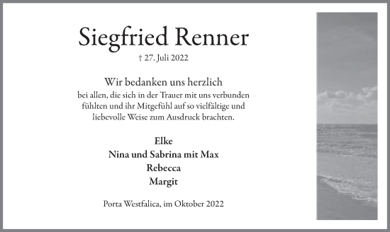 Anzeige von Siegfried Renner von Mindener Tageblatt