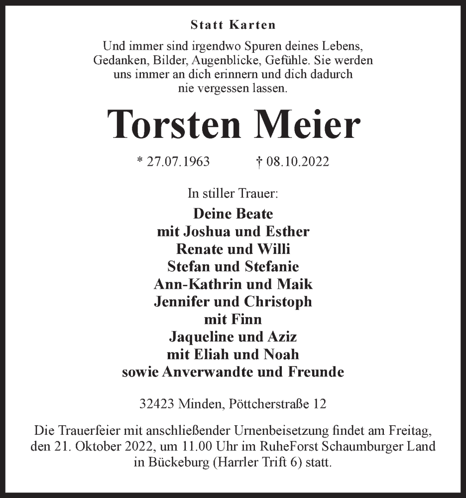  Traueranzeige für Torsten Meier vom 15.10.2022 aus Mindener Tageblatt