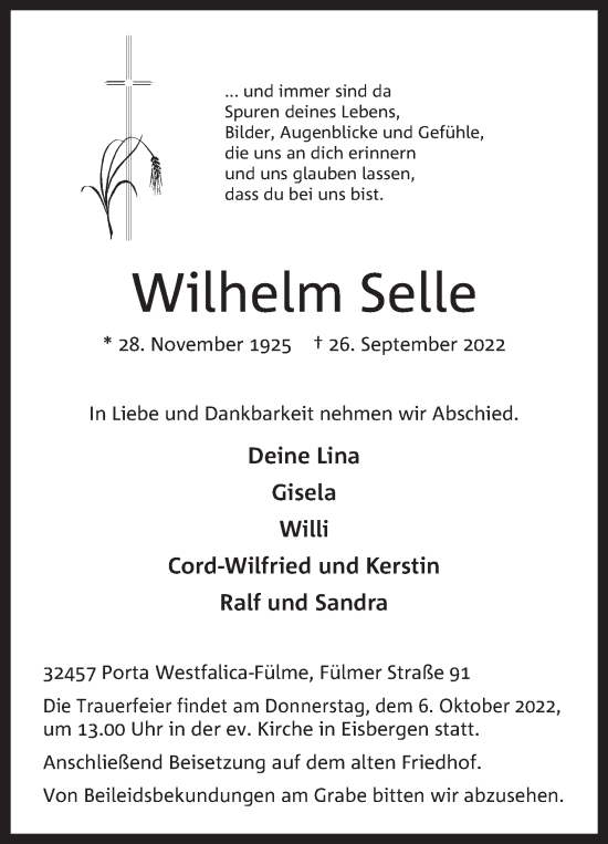 Anzeige von Wilhelm Selle von Mindener Tageblatt