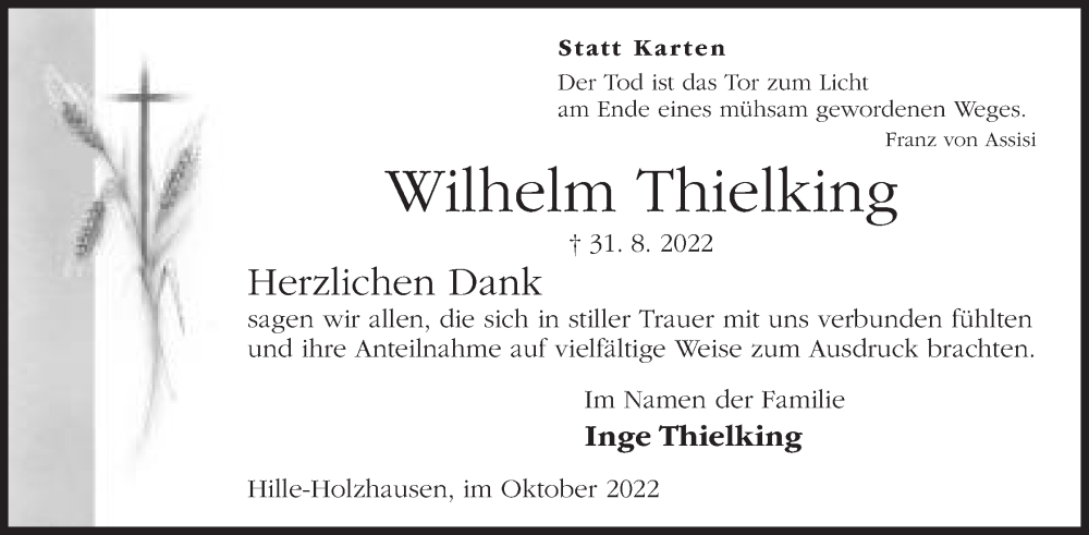  Traueranzeige für Wilhelm Thielking vom 08.10.2022 aus Mindener Tageblatt