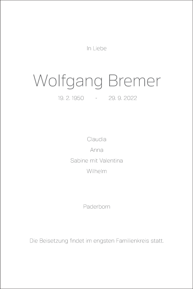  Traueranzeige für Wolfgang Bremer vom 01.10.2022 aus Mindener Tageblatt