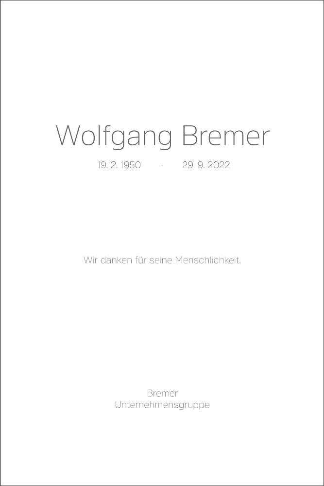  Traueranzeige für Wolfgang Bremer vom 01.10.2022 aus Mindener Tageblatt