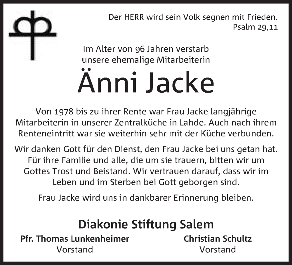  Traueranzeige für Änni Jacke vom 24.11.2022 aus Mindener Tageblatt