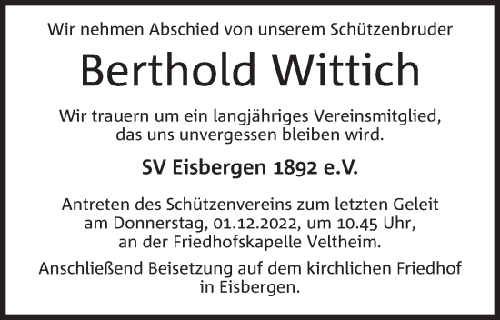 Anzeige von Berthold Wittich von Mindener Tageblatt