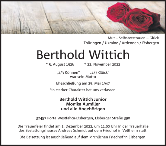 Anzeige von Berthold Wittich von Mindener Tageblatt