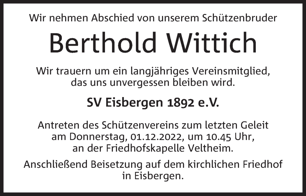  Traueranzeige für Berthold Wittich vom 29.11.2022 aus Mindener Tageblatt