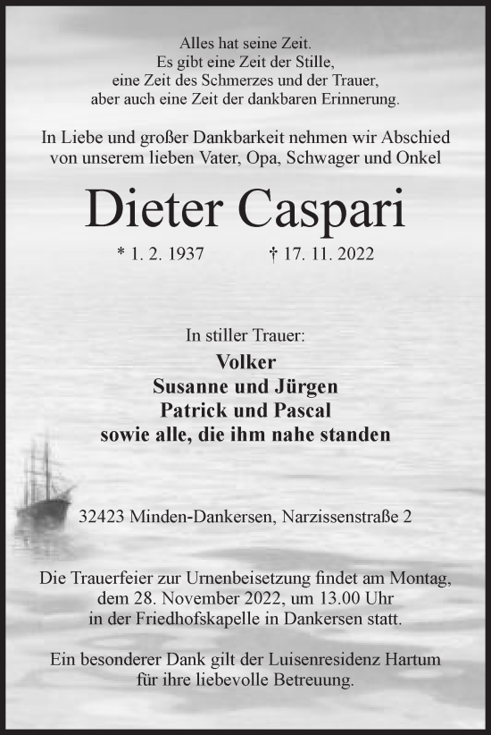 Anzeige von Dieter Caspari von Mindener Tageblatt