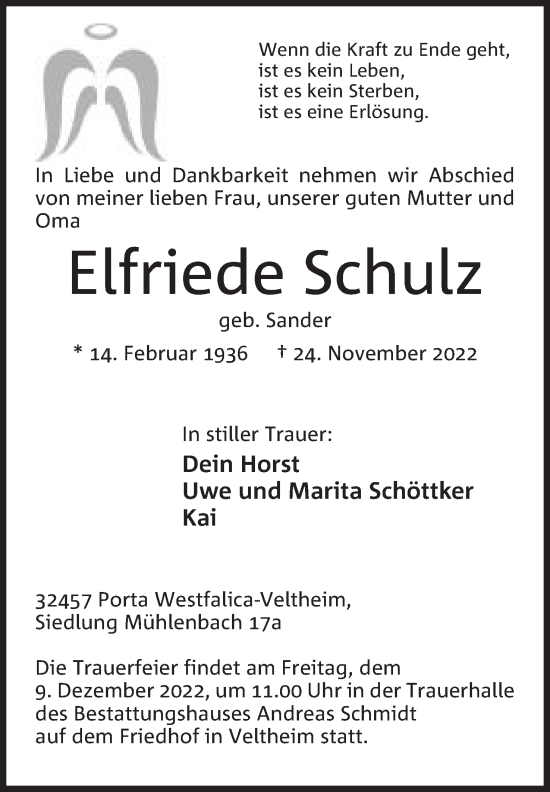 Anzeige von Elfriede Schulz von Mindener Tageblatt