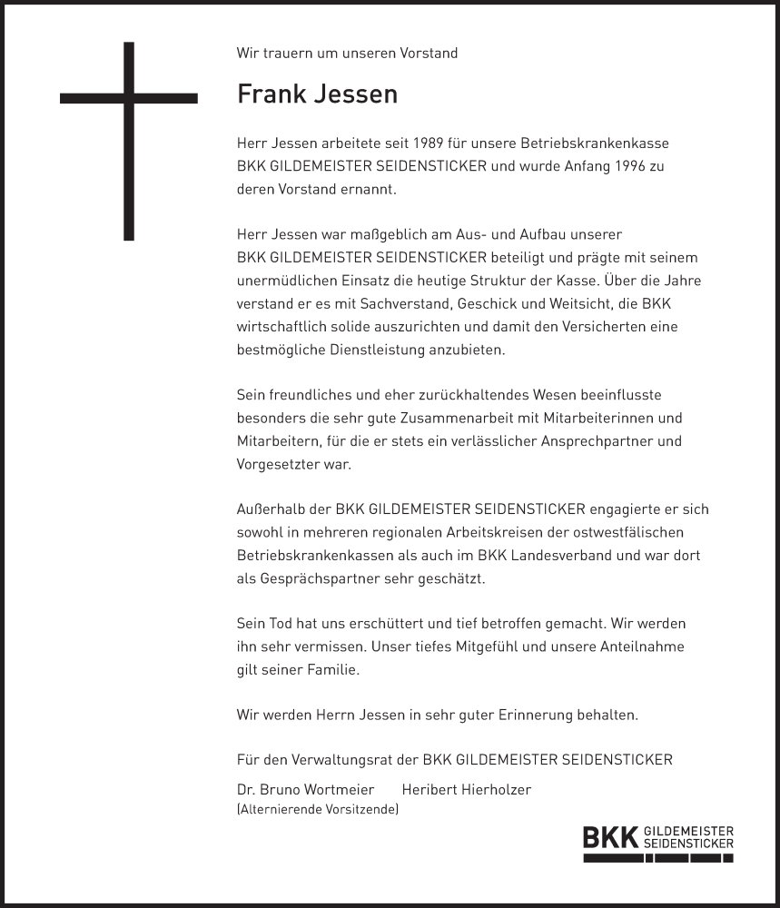  Traueranzeige für Frank Jessen vom 19.11.2022 aus Mindener Tageblatt