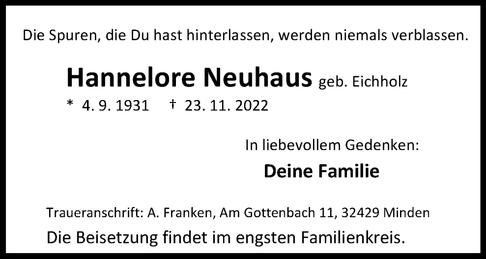  Traueranzeige für Hannelore Neuhaus vom 26.11.2022 aus Mindener Tageblatt