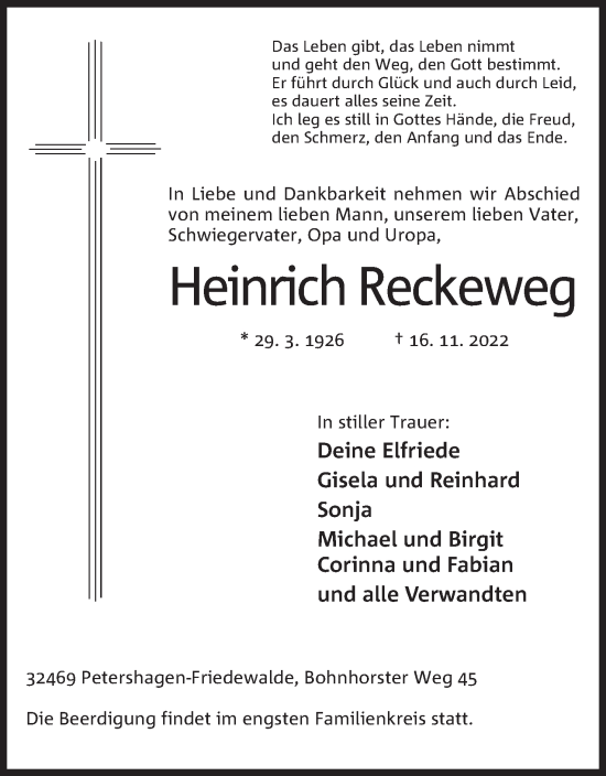 Anzeige von Heinrich Reckeweg von Mindener Tageblatt