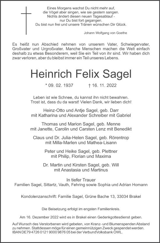 Anzeige von Heinrich Felix Sagel von Mindener Tageblatt