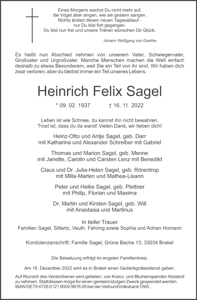  Traueranzeige für Heinrich Felix Sagel vom 19.11.2022 aus Mindener Tageblatt