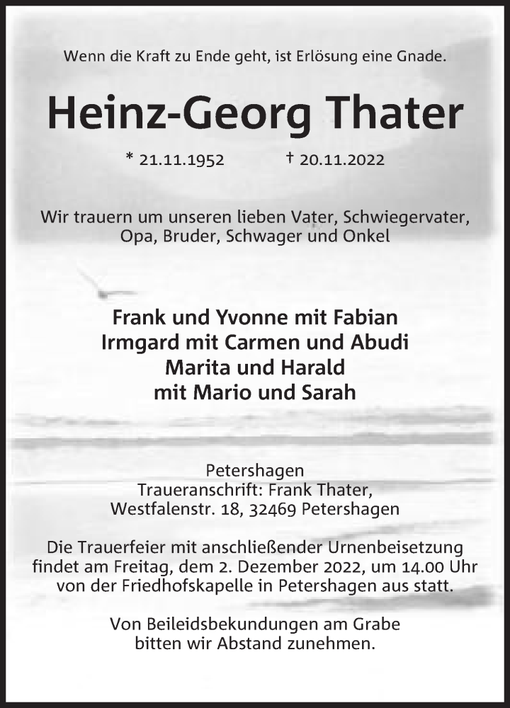  Traueranzeige für Heinz-Georg Thater vom 26.11.2022 aus Mindener Tageblatt
