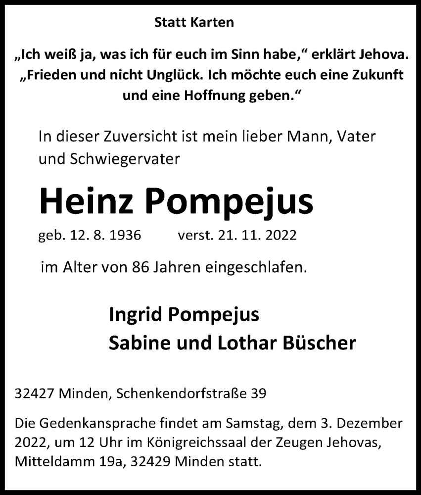  Traueranzeige für Heinz Pompejus vom 26.11.2022 aus Mindener Tageblatt