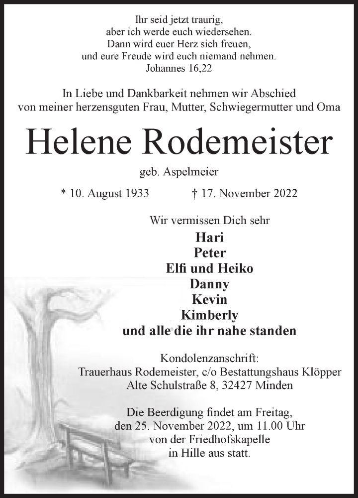  Traueranzeige für Helene Rodemeister vom 19.11.2022 aus Mindener Tageblatt