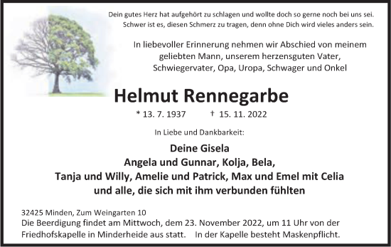 Anzeige von Helmut Rennegarbe von Mindener Tageblatt