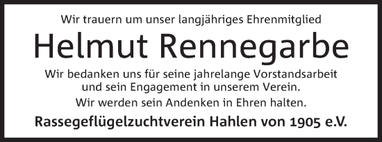 Anzeige von Helmut Rennegarbe von Mindener Tageblatt