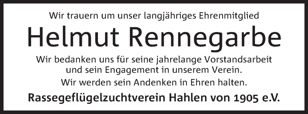  Traueranzeige für Helmut Rennegarbe vom 19.11.2022 aus Mindener Tageblatt