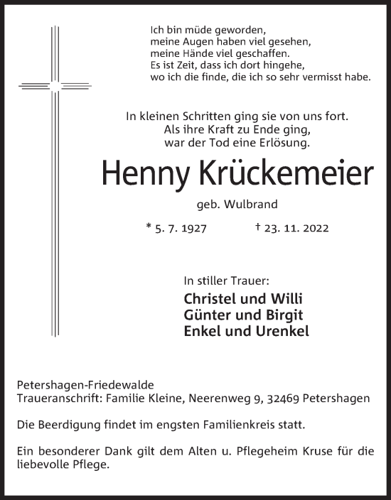 Anzeige von Henny Krückemeier von Mindener Tageblatt