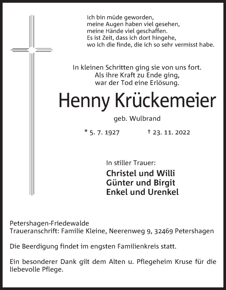  Traueranzeige für Henny Krückemeier vom 26.11.2022 aus Mindener Tageblatt