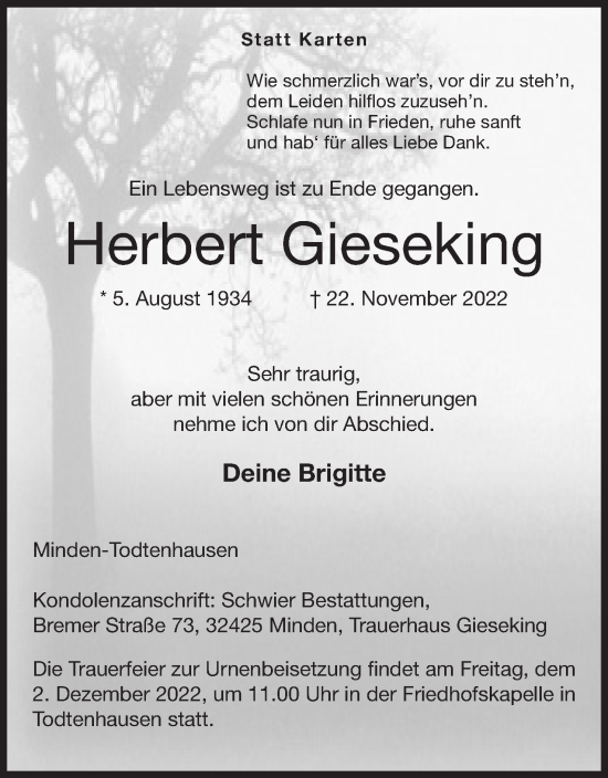 Anzeige von Herbert Gieseking von Mindener Tageblatt