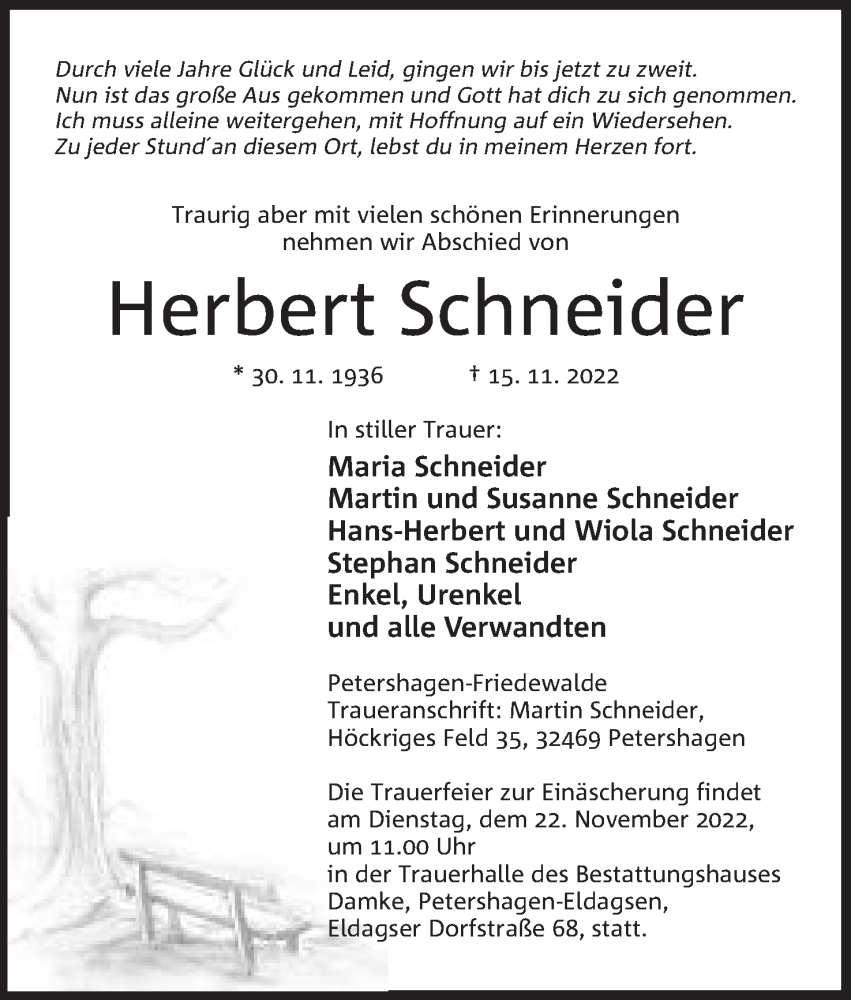  Traueranzeige für Herbert Schneider vom 19.11.2022 aus Mindener Tageblatt