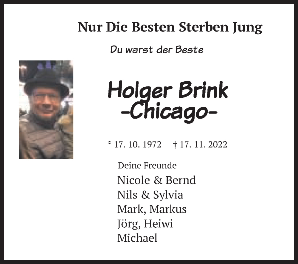  Traueranzeige für Holger Brink vom 26.11.2022 aus Mindener Tageblatt