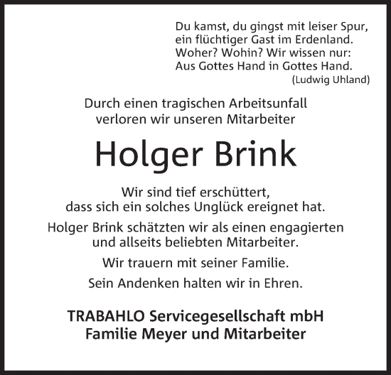 Anzeige von Holger Brink von Mindener Tageblatt