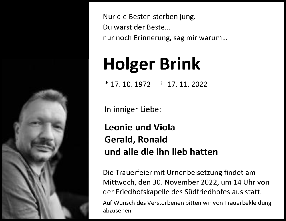  Traueranzeige für Holger Brink vom 26.11.2022 aus Mindener Tageblatt