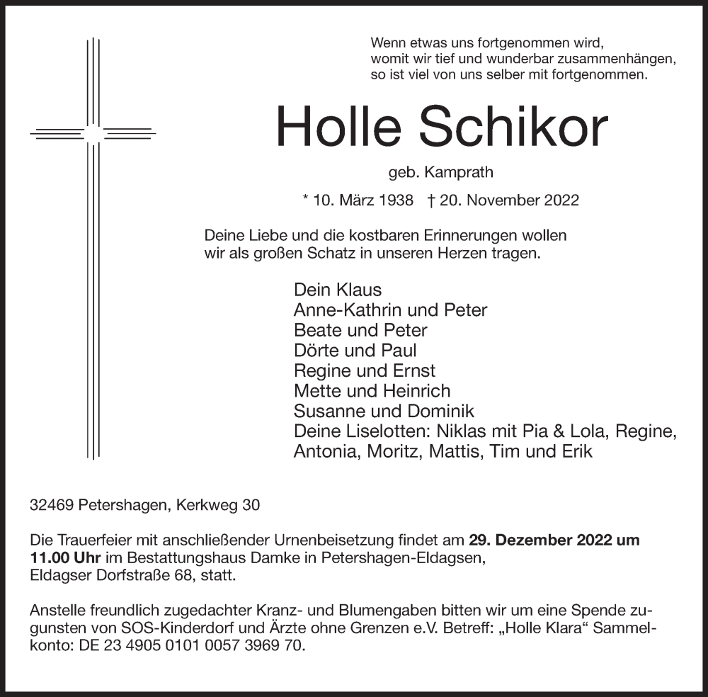  Traueranzeige für Holle Schikor vom 26.11.2022 aus Mindener Tageblatt